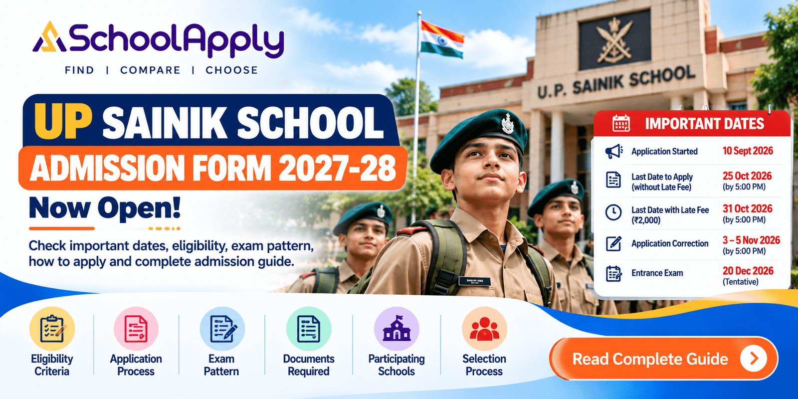 UP Sainik School Admission Form 2027–28: Last Date, Eligibility, Exam Date and How to Apply
